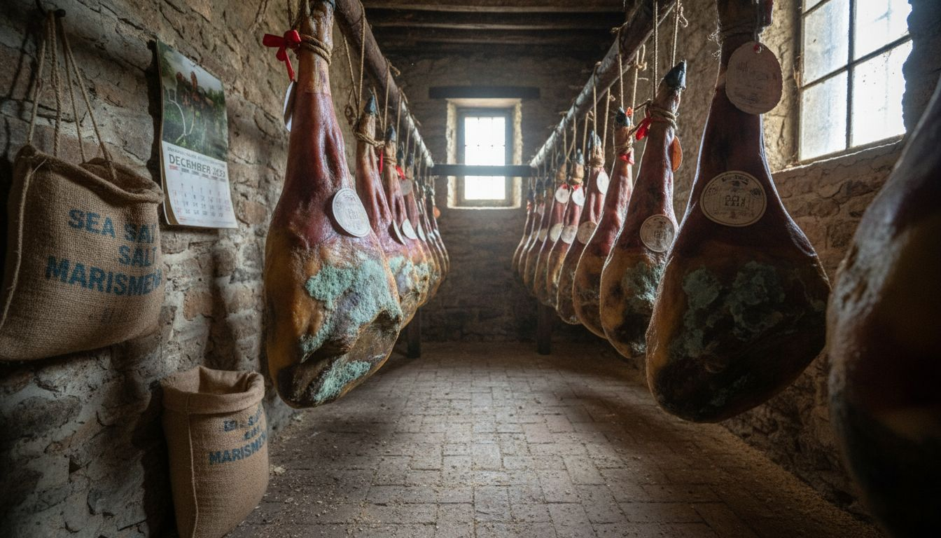 Jambons espagnols suspendus dans une cave d'affinage traditionnelle