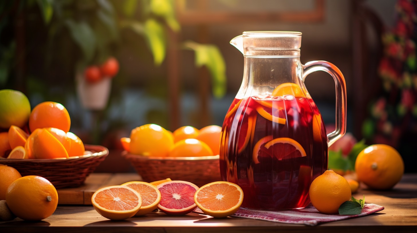 Jarra tradicional española con vino tinto naranja limón y canela para maceración casera