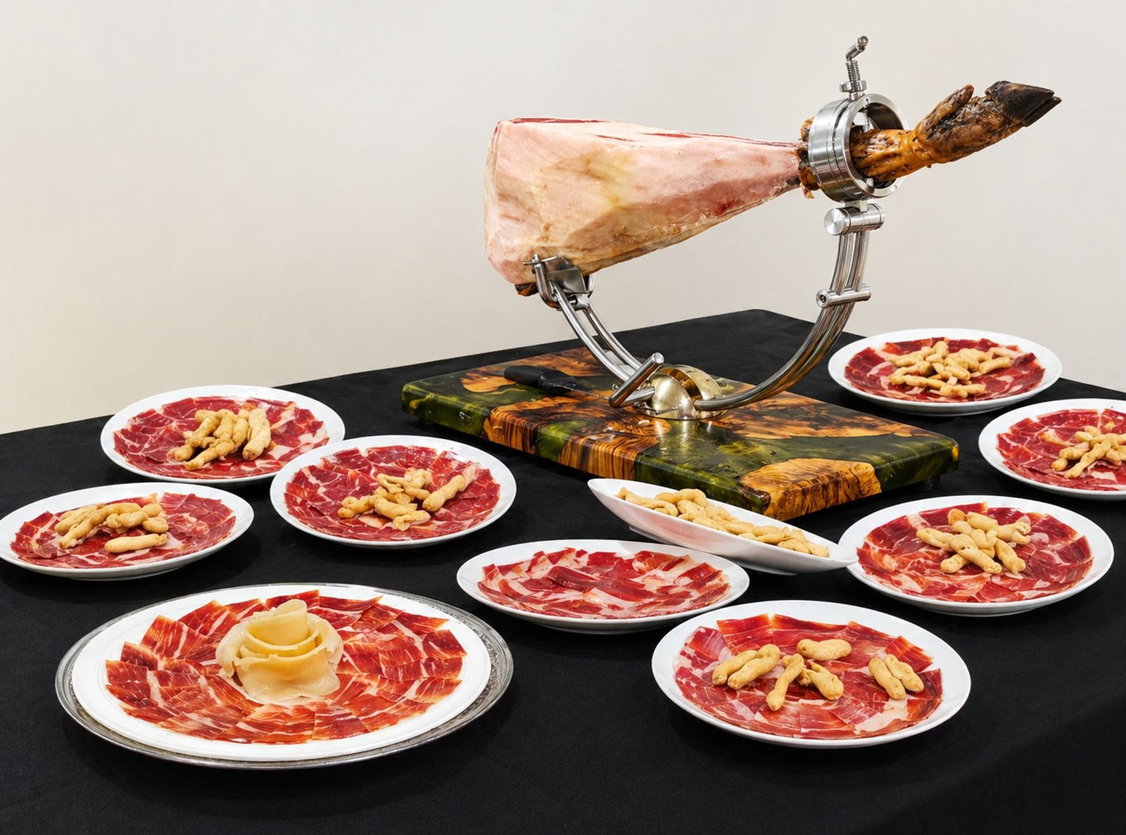 Découpe de jambon ibérique en direct devant les invités lors d'un cocktail professionnel